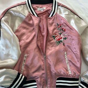 Charlotte Russe silky floral embroidered pink Bomber Jacket w pockets M